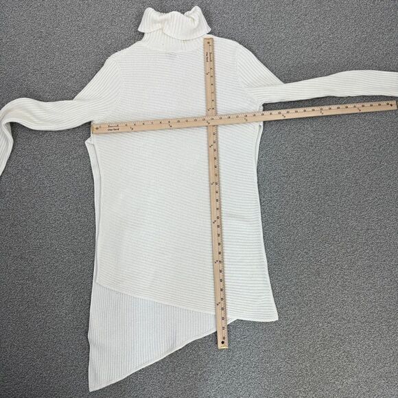 Express Ribbed Asymmetrical Hem Split Side Long Sweater Cream Large Turtle Neck - Picture 11 of 14